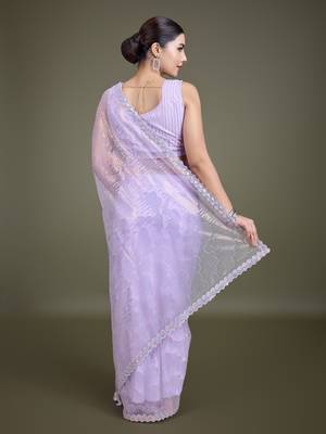 Lavender Sequin Work Net Saree With Unstitched Blouse Piece 4