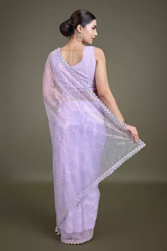Lavender Sequin Work Net Saree With Unstitched Blouse Piece