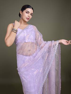 Lavender Sequin Work Net Saree With Unstitched Blouse Piece 5