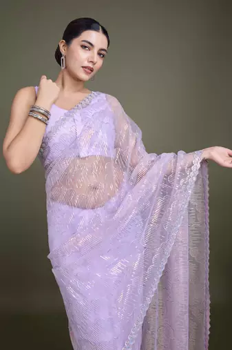 Lavender Sequin Work Net Saree With Unstitched Blouse Piece