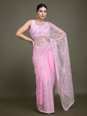 Light Pink Sequin Work Net Saree With Unstitched Blouse Piece 1