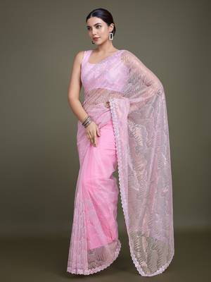 Light Pink Sequin Work Net Saree With Unstitched Blouse Piece 2
