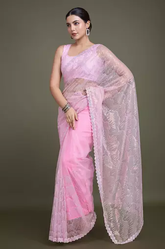 Light Pink Sequin Work Net Saree With Unstitched Blouse Piece