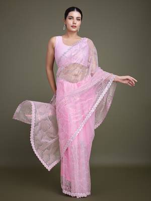 Light Pink Sequin Work Net Saree With Unstitched Blouse Piece 3