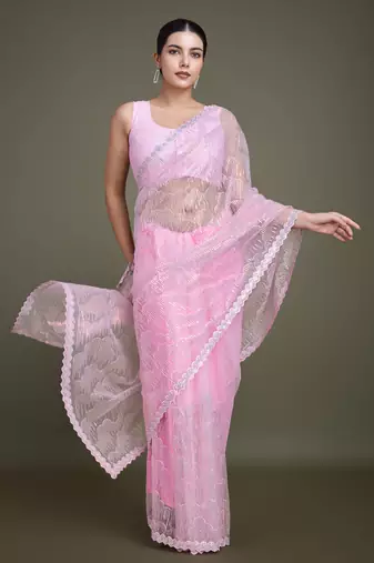 Light Pink Sequin Work Net Saree With Unstitched Blouse Piece