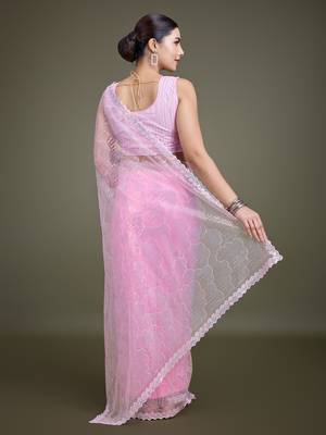 Light Pink Sequin Work Net Saree With Unstitched Blouse Piece 4