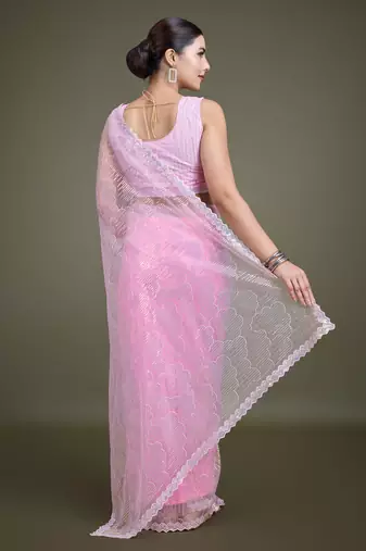 Light Pink Sequin Work Net Saree With Unstitched Blouse Piece