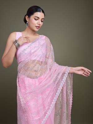 Light Pink Sequin Work Net Saree With Unstitched Blouse Piece 5