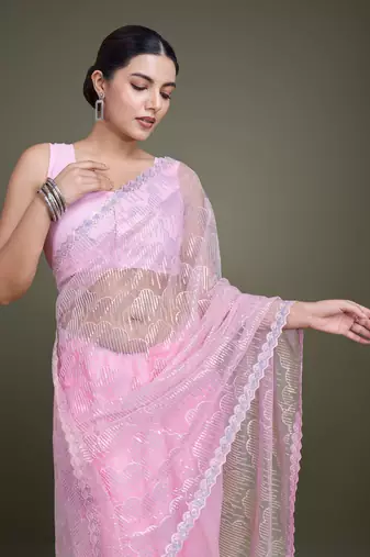 Light Pink Sequin Work Net Saree With Unstitched Blouse Piece