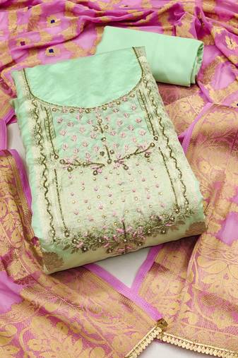 Green color hand work banarasi unstitched dress material