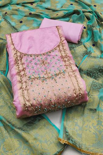 Pink color hand work banarasi unstitched dress material