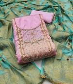 Pink color hand work banarasi unstitched dress material