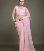 Women'S Light Pink Soft Net Saree With Sequin Embellished Border And Pallu