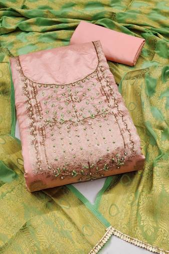Peach color hand work banarasi unstitched dress material
