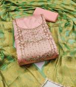Peach color hand work banarasi unstitched dress material