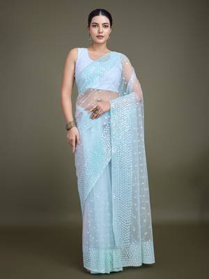 Light Sky Blue Net Saree With Sequin Embellished Border And Pallu 1