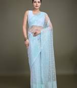 Women'S Light Sky Blue Soft Net Saree With Sequin Embellished Border And Pallu