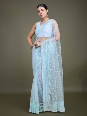 Light Sky Blue Net Saree With Sequin Embellished Border And Pallu 2
