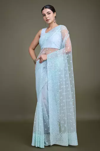 Light Sky Blue Net Saree With Sequin Embellished Border And Pallu