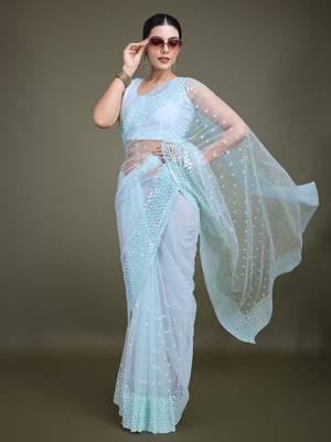 Light Sky Blue Net Saree With Sequin Embellished Border And Pallu 3