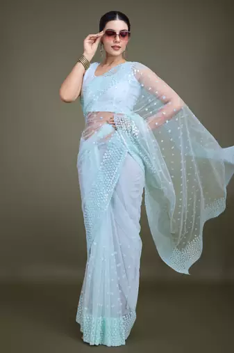 Light Sky Blue Net Saree With Sequin Embellished Border And Pallu