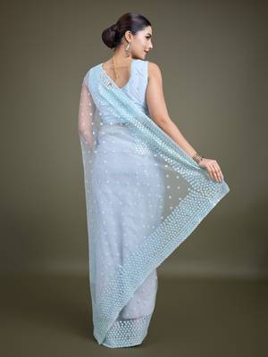 Light Sky Blue Net Saree With Sequin Embellished Border And Pallu 4