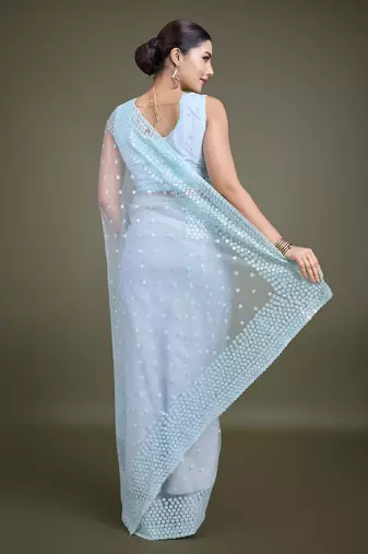 Light Sky Blue Net Saree With Sequin Embellished Border And Pallu