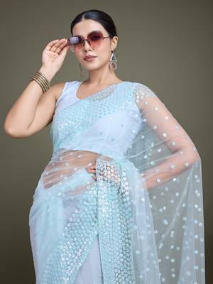Light Sky Blue Net Saree With Sequin Embellished Border And Pallu 5