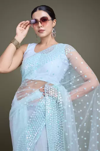 Light Sky Blue Net Saree With Sequin Embellished Border And Pallu