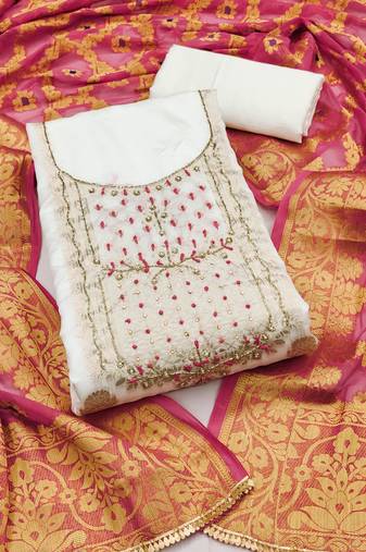 White color hand work banarasi unstitched dress material