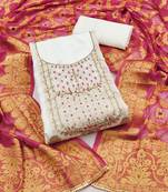 White color hand work banarasi unstitched dress material