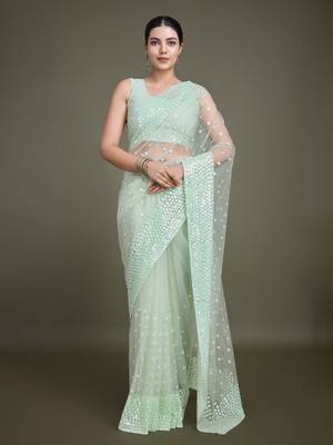 Light Green Net Saree With Sequin Embellished Border And Pallu 1