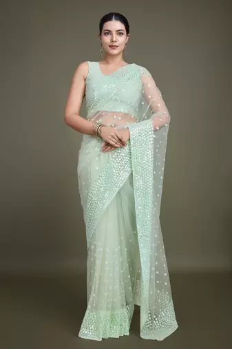 Women'S Light Green Soft Net Saree With Sequin Embellished Border And Pallu