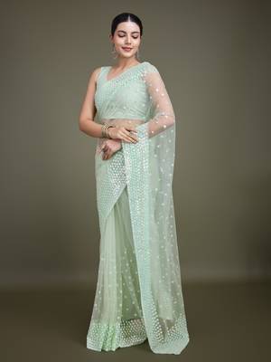 Light Green Net Saree With Sequin Embellished Border And Pallu 2