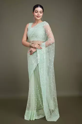 Light Green Net Saree With Sequin Embellished Border And Pallu