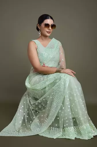 Light Green Net Saree With Sequin Embellished Border And Pallu