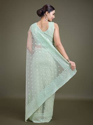 Light Green Net Saree With Sequin Embellished Border And Pallu 4