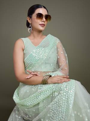 Light Green Net Saree With Sequin Embellished Border And Pallu 5