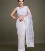 Women'S White Soft Net Saree With Sequin Embellished Border And Pallu