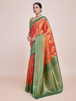 Faux Banarasi Tissue silk blend Zari Woven Orange Saree 2