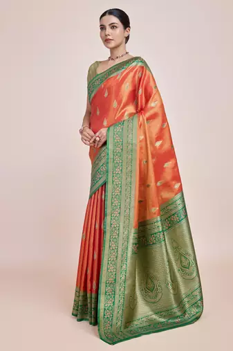 Faux Banarasi Tissue silk blend Zari Woven Orange Saree