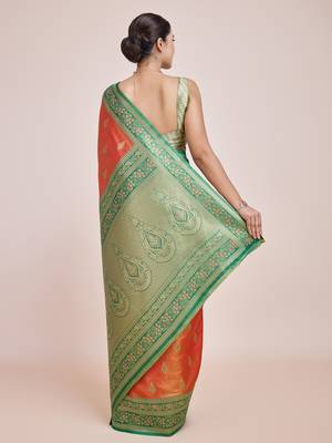 Faux Banarasi Tissue silk blend Zari Woven Orange Saree 3