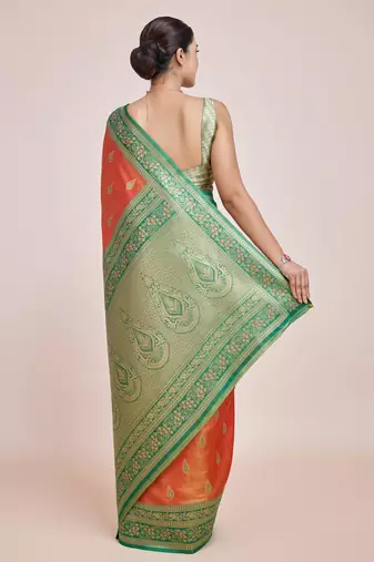 Faux Banarasi Tissue silk blend Zari Woven Orange Saree