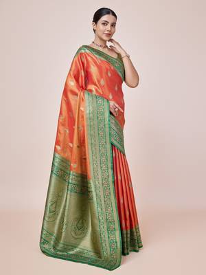 Faux Banarasi Tissue silk blend Zari Woven Orange Saree 4