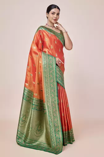 Faux Banarasi Tissue silk blend Zari Woven Orange Saree