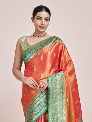 Faux Banarasi Tissue silk blend Zari Woven Orange Saree 5