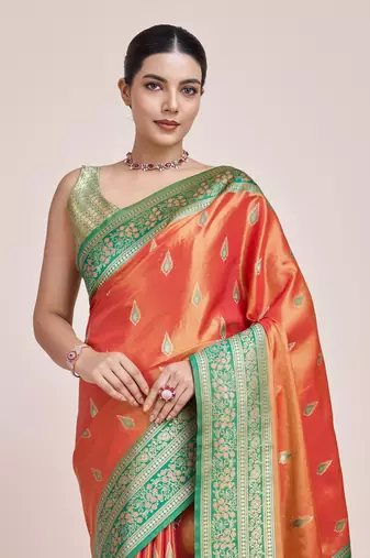 Faux Banarasi Tissue silk blend Zari Woven Orange Saree