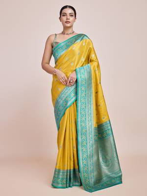 Faux Banarasi Tissue silk blend Zari Woven Yellow Saree 1