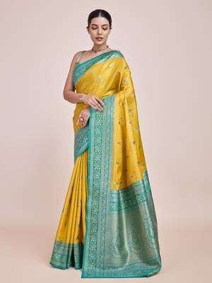 Faux Banarasi Tissue silk blend Zari Woven Yellow Saree 2