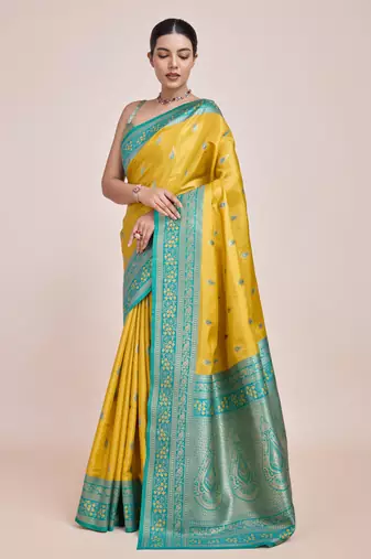 Faux Banarasi Tissue silk blend Zari Woven Yellow Saree